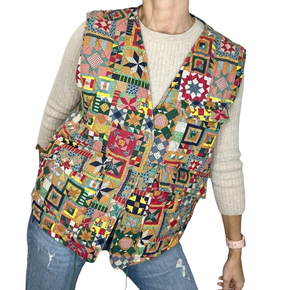 Vintage Jackets & Blazers - Vintage 100% cotton colourful quilted patchwork style boxy vest L